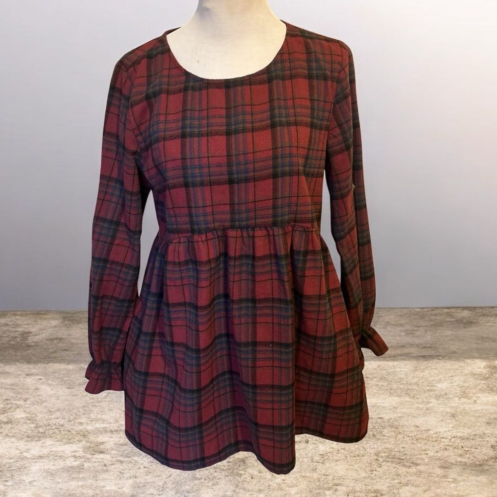 Rethm Plaid LS Women's PeplumTunic Babydoll Top with Pockets BOHO Size Large